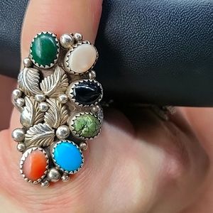 Size 6 1/2in. sterling silver 925 multistone with leaf design 1 1/2 in long ring